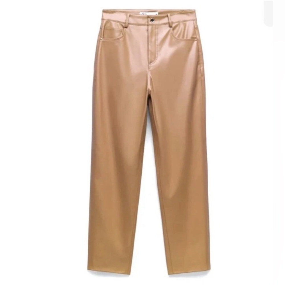 Zara Women’s Light Brown Faux Leather High Waisted Slim Fit Pants, Size 0
